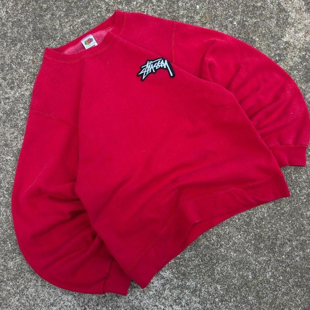 Vintage Y2K Stussy Style Embroidered Crewneck Sweatshirt Red Mens Small (g6b)